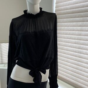 Guess Black Sheer Ruffle-Neck Tie-Front Blouse
